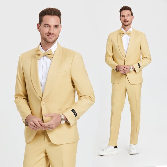Skinny-Fit  Tazio Men's 2-Piece Shawl Collar Suit, Dijon Yellow - Picture 1 of 4